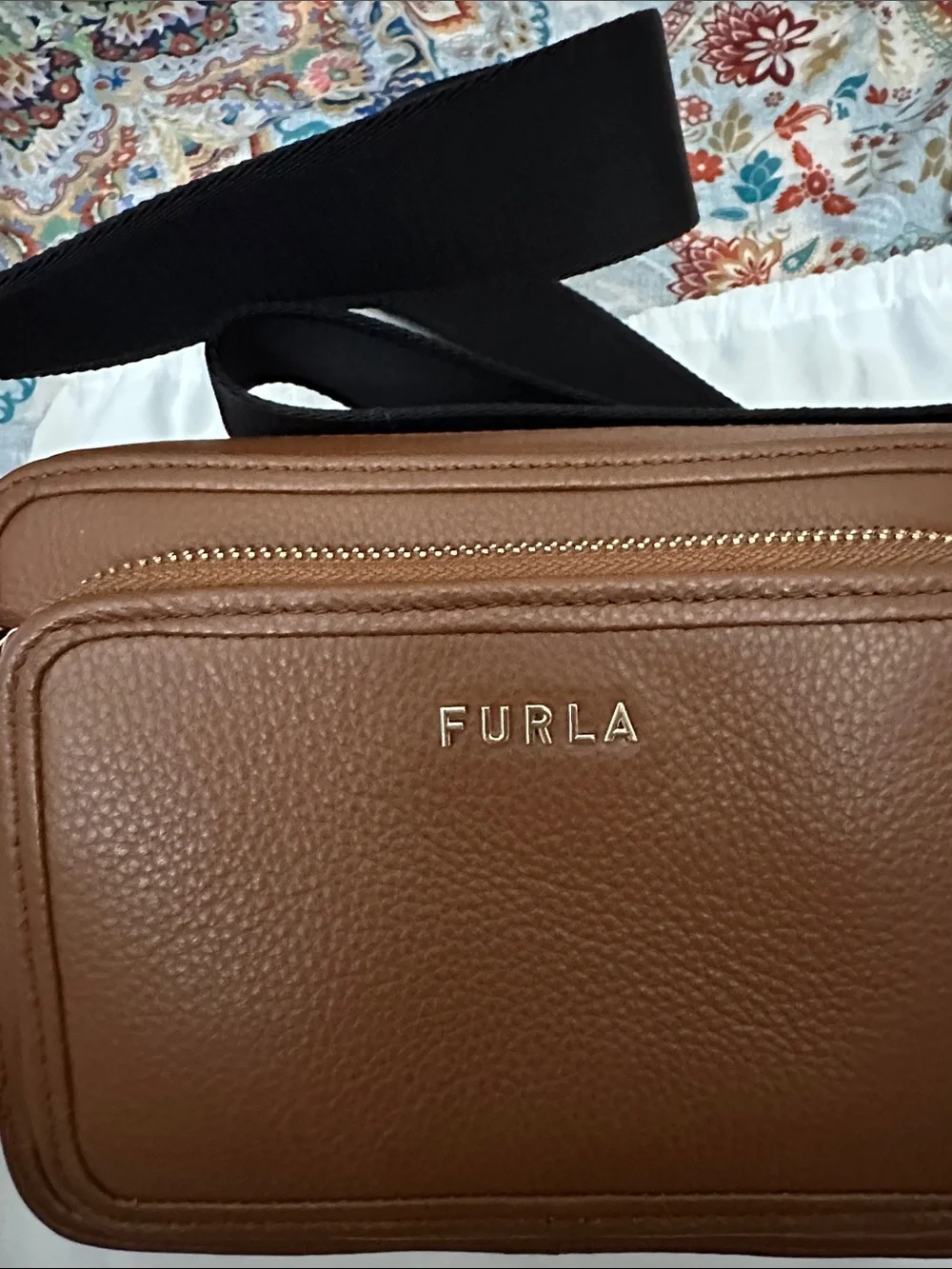Furla Brown Pebbled Leather Messenger with Black Strap